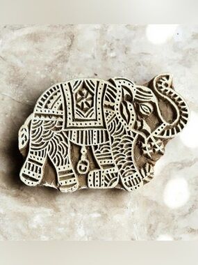 Rustic Hand-Carved Wood Elephant Figurine Indian Block Print Stamp Decorative⁠